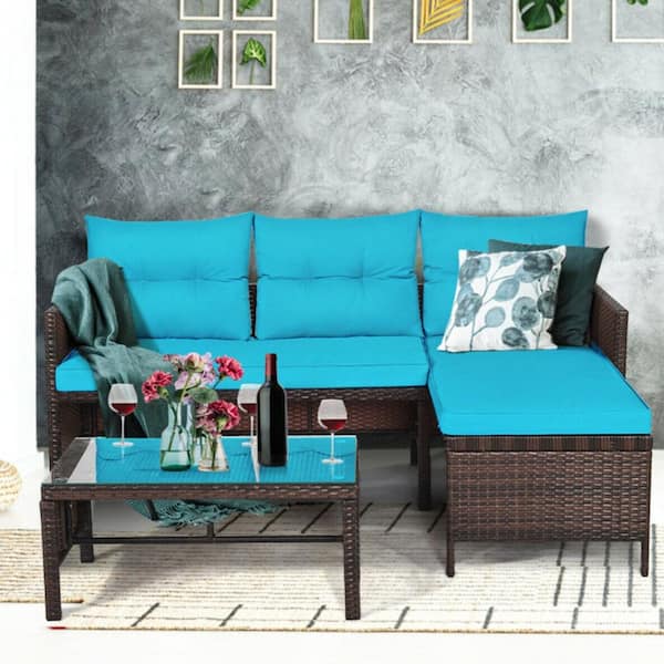 Kadehome 3-Piece Outdoor Wicker Rattan Patio Conversation Sofa Set with Turquoise Cushion