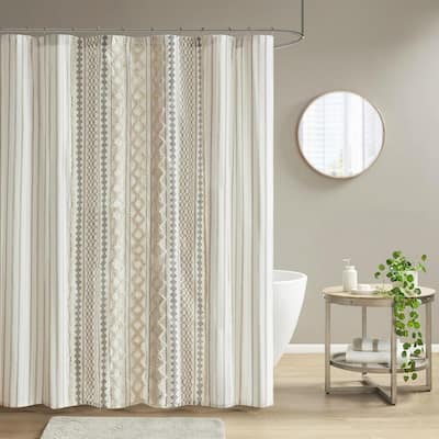 Imani Ivory 72in. Cotton Printed Shower Curtain with Chenille Stripe