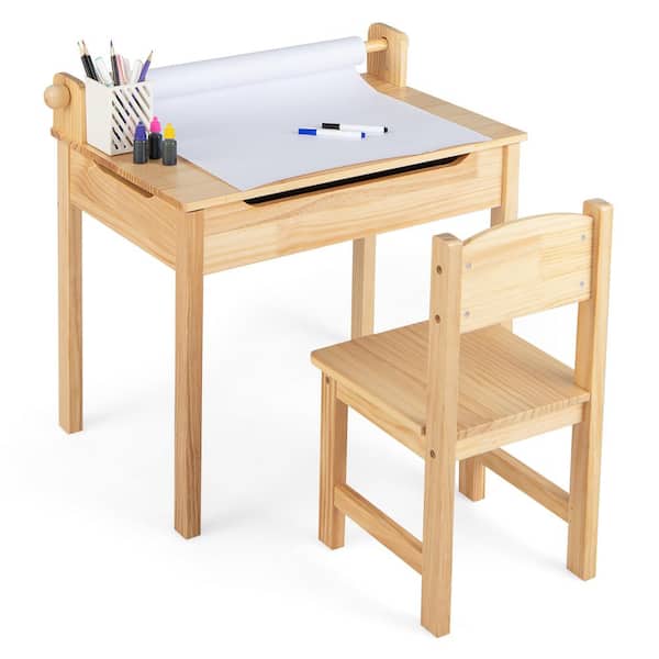 Costway 2-Piece Wood Top Toddler Multi Activity Table with Chair Kids Art and Crafts Table with Paper Roll Holder