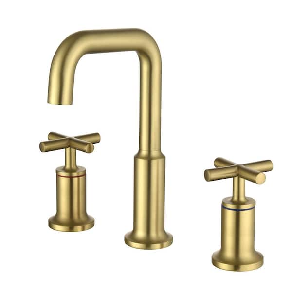 AIMADI 8 in. Widespread Double Handle Bathroom Faucet with Modern 3-Hole Brass Bathroom Basin Taps in Brushed Gold