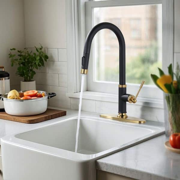 17 in. Single Handle Metal Pull Down Sprayer Kitchen Faucet with 360° Swivel Spout and Supply Hoses in Black and Gold