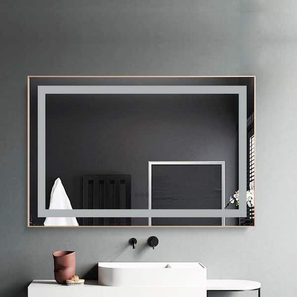 36 in. W x 28 in. H Rectangular Aluminum Framed Backlit and Front Light LED Wall Bathroom Vanity Mirror in Brushed Gold