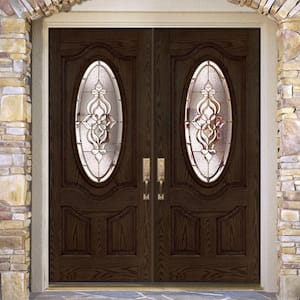 74 in. x 81.625 in. Lakewood Brass 3/4 Oval Lite Stained Walnut Oak Left-Hand Fiberglass Double Prehung Front Door