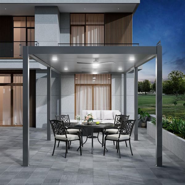 10 ft. x 26 ft. Dark Gray Aluminum Patio Pergola with Built-In Solar Panel, Ceiling Fan and Round LED Light