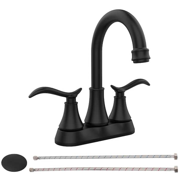 Satico 2-Handle High Arc Bathroom Faucet with Pop-up Drain and Supply Hoses in Matte Black