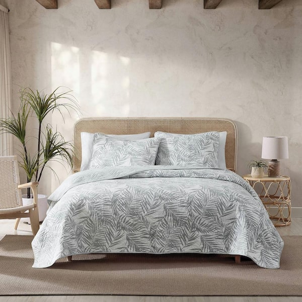 REVMAN Palmday Reversible 3-Pcs Grey Cotton Full/Queen Quilt-Sham Set