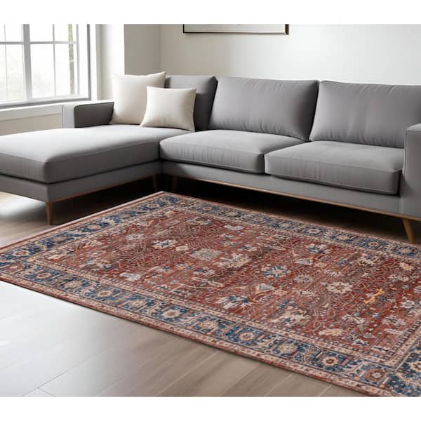9 ft. x 13 ft. Red Beige And Blue Oriental Area Rug With Fringe