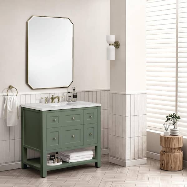 James Martin Vanities Breckenridge 36.0 in. W x 23.5 in. D x 34.2 in. H Single Bathroom Vanity Smokey Celadon and Victorian Silver Quartz Top