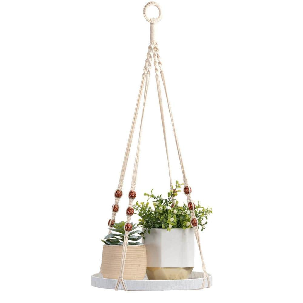 Dyiom 12 in. Dia White Wooden Hanging Planter Shelf with Color Beads (1 ...