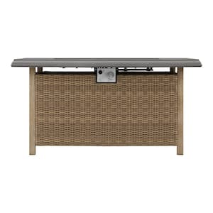 Anaheim 49 in. x 25 in. Aluminum and Stainless Steel Tan Gas Fire Pit with Concrete-Look Tile Top