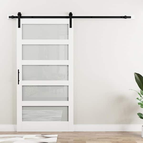 42 in. x 84 in. 5 Lite Tempered Frosted Glass White Primed Glass Sliding Barn Door with Hardware Kit
