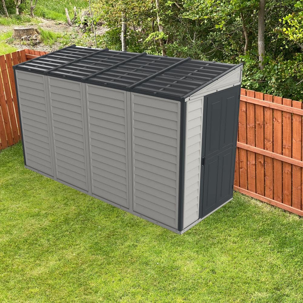 Durable Gray Vinyl Lean-To Storage Shed with Shelving Kit