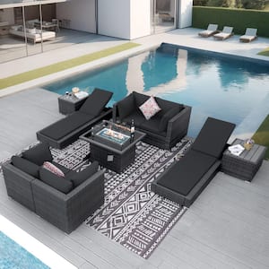 9-Piece Patio Gray Wicker Sectional Sofa Sets with Fire Pit Table Chaise Lounge Corner Chair and Gray Cushions for Pool