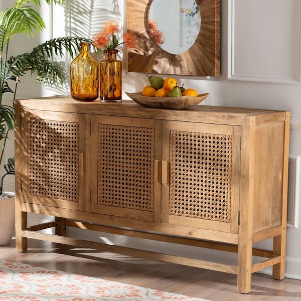 bali & pari Sibu Natural Brown Wood 35.8 in. H Accent Cabinet with Woven Rattan