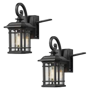 13.3 in. Black 2-Packs Outdoor Hardwired Wall Lantern Sconce with Seeded Glass and No Bulbs Included