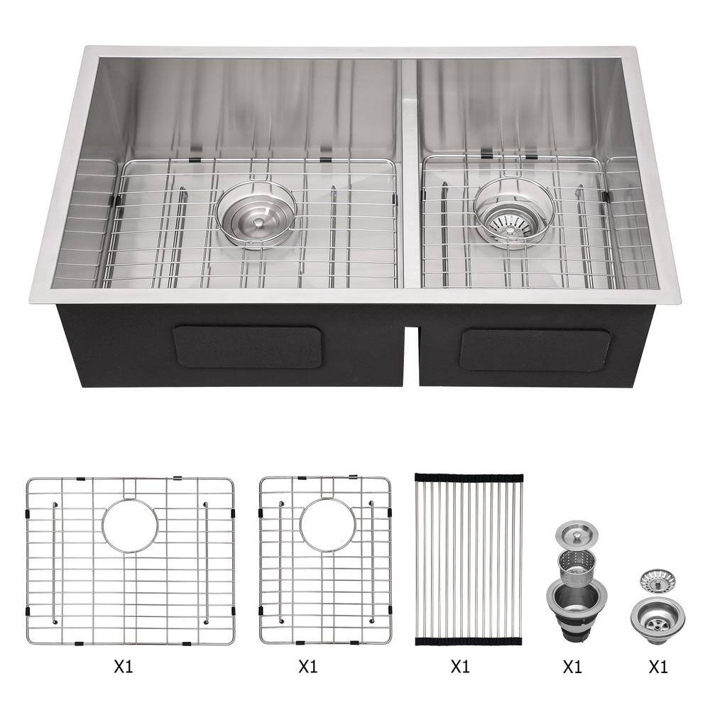 28 in. x 19 in. Steel Undermount Kitchen Bar Sink, Double Bowl 16 Gauge wit