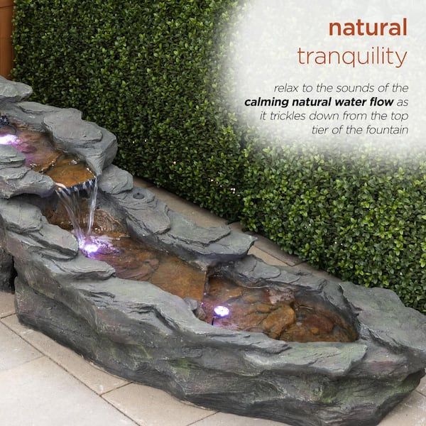 Alpine Corporation - 19 in. Tall Outdoor Tiering Rocky River Stream Water Fountain with LED Lights