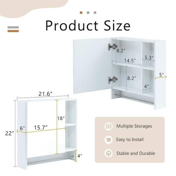 Polibi 21.6 in. W x 22 in. H White Rectangular Wall Mounted Medicine Cabinet with Mirror, Shelves and Towel Rack