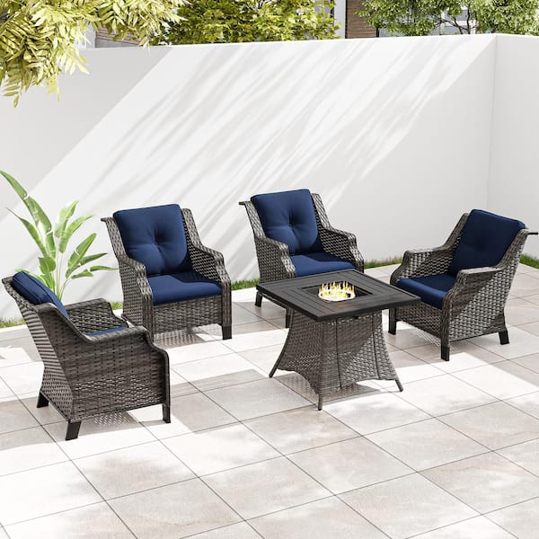 5-Piece Wicker Outdoor Fire Pit Patio Chair Set with Blue Cushions and Rectangular Fire Pit
