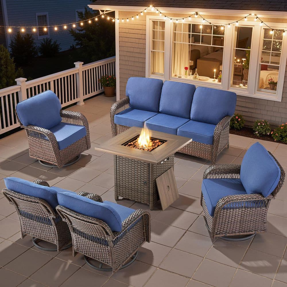 Tyber Brown 6-Piece Wicker Outdoor Fire Pit Patio Conversation Sofa Seating Set with Blue Cushions, Swivel Glider Chairs price history on PriceWatchPro