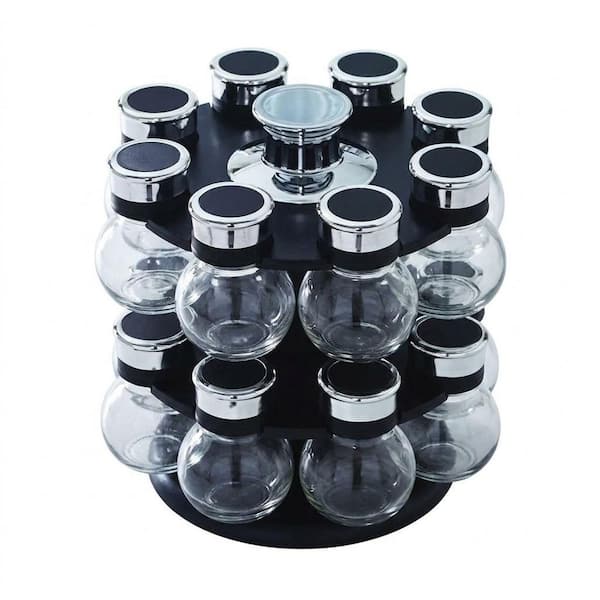 Revolving Countertop Spice Rack with 16 Jars, Lift and Pour Caps, and Spices Included