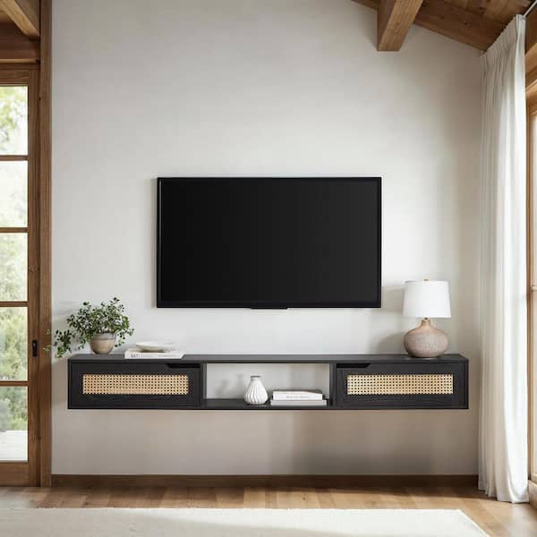 Walker Edison Furniture Company 70 in. Black Wood Modern Floating TV Stand with 2 Faux Rattan Doors Fits TVs up to 80 in.