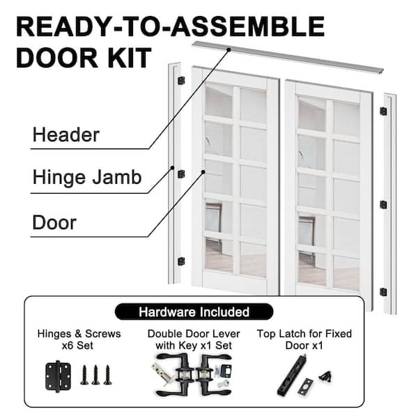 48 in. x 80 in. Universal 10-Lite Clear Glass White Solid Core Glass Double Prehung French Door with Quick Assemble Jamb