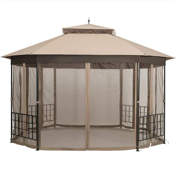 Unbranded CWLD-383-CF-12 ft. W x 10 ft. D Brown Octagonal Patio Gazebo With Netting Sidewalls