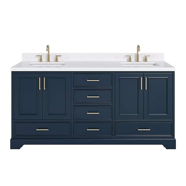 Stafford 72 in. W x 22 in. D x 36 in. H Double Freestanding Bath Vanity in Midnight Blue with Carrara White Quartz Top