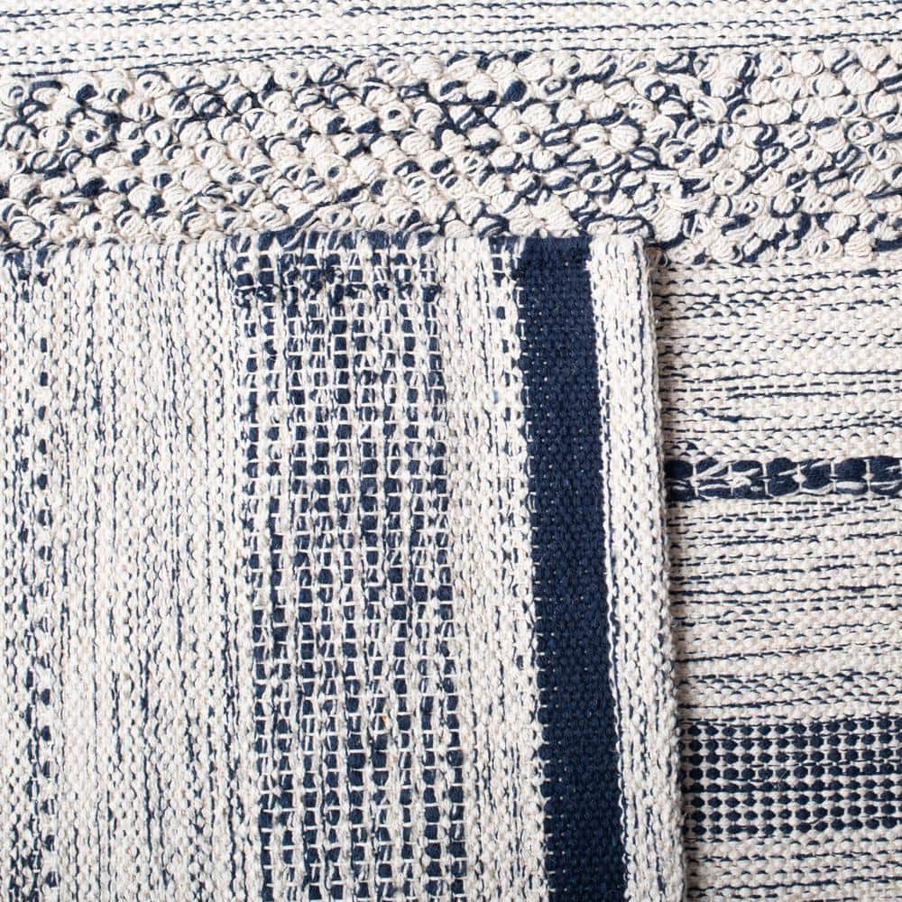 Ivory and Navy Striped Wool Cotton 8' x 10' Area Rug
