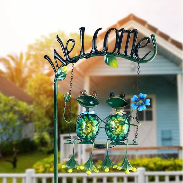 Angel Sar 48 in. Solar Frog Swing Welcome Sign Stake Light