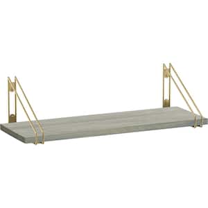 24 in. x 8 in. x 6 in. Grey Stained Solid Pine Wood Decorative Wall Shelf with Satin Gold Wire Frame Steel Brackets