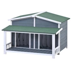 Large Wooden Dog House Outdoor Dog Crate, Cabin Style, With Porch, 2 Doors, Gray And Green