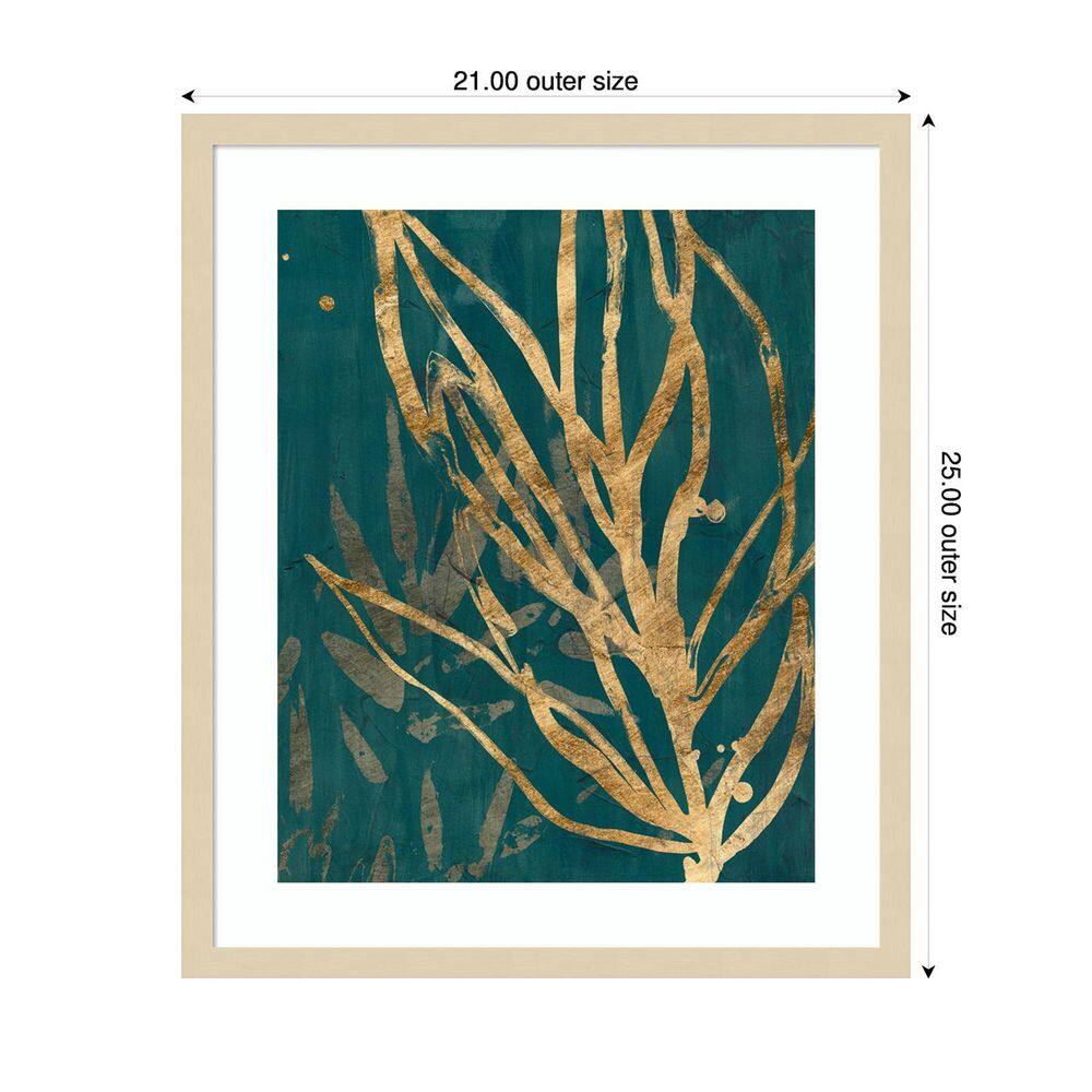 Golden Botanical Leaves on Teal Background Wood Framed Wall Art, 21 x 25 in.
