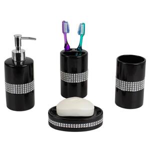 4-Piece Luxury Bath Accessory Set with Stunning Sequin Accents in Black