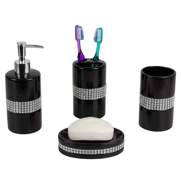 Home Basics 4-Piece Luxury Bath Accessory Set with Stunning Sequin Accents  in Black HDC62866 - The Home Depot