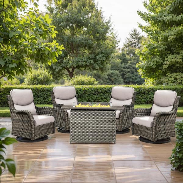 Carolina 5-Piece Gray Wicker Outdoor Fire Pit Table with Swivel Chair Beige Cushions