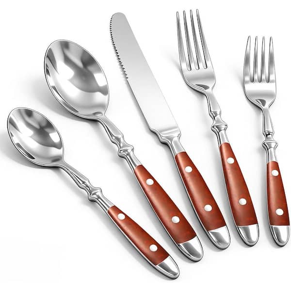 20-Piece Brown Silverware Set Service for 4, Vintage Flatware Set with Bakelite Handle, Stainless Steel Cutlery Set