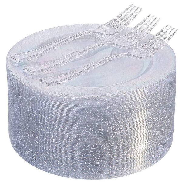 Disposable 144-Piece Glitter Dessert Plates and Forks Set, 7.5 in plates and 7.4 in forks, Annual Edition