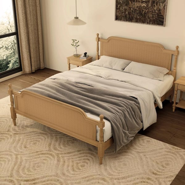 Harper & Bright Designs Exquisite Rattan Style Antique Walnut(Yellow) Wood Frame King Size Platform Bed, No Box Spring Needed