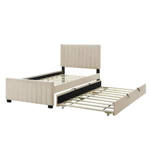 Channel-Tufted Beige Wood Frame Twin Size Velvet Upholstered Platform Bed with Twin Size Trundle