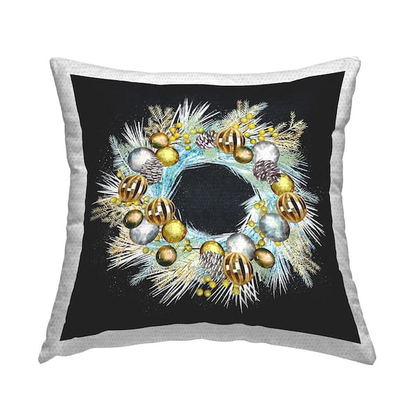 Stupell Industries Dazzling Holiday Ornament Wreath Black Square Outdoor Throw Pillow