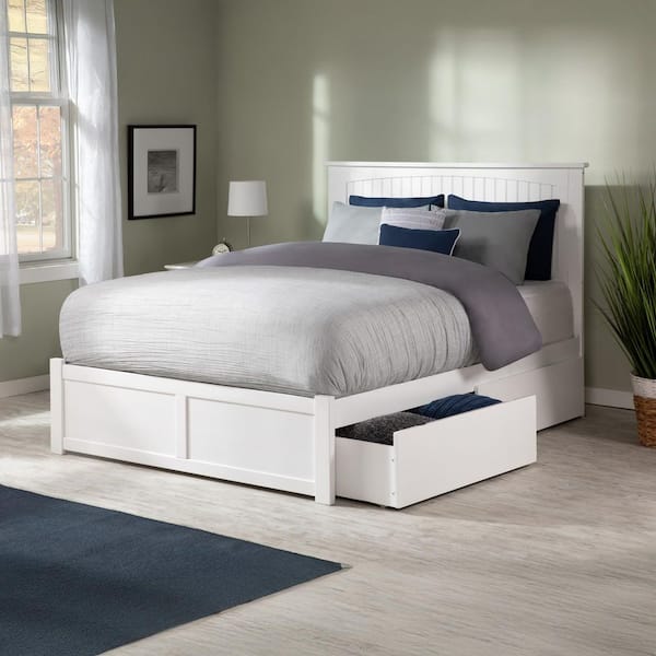 Nantucket White Full Solid Wood Storage Platform Bed with Flat Panel Foot Board and 2 Bed Drawers