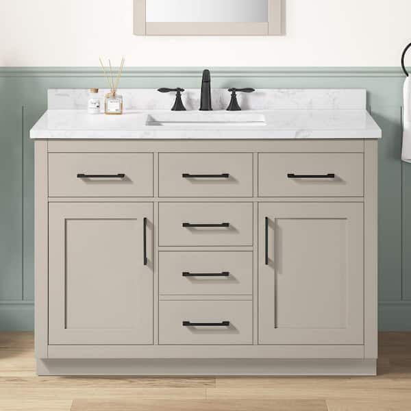 Athea 48 in. Single Sink Greige Bath Vanity with White Engineered Marble Top and Integrated Power Outlet (Assembled)