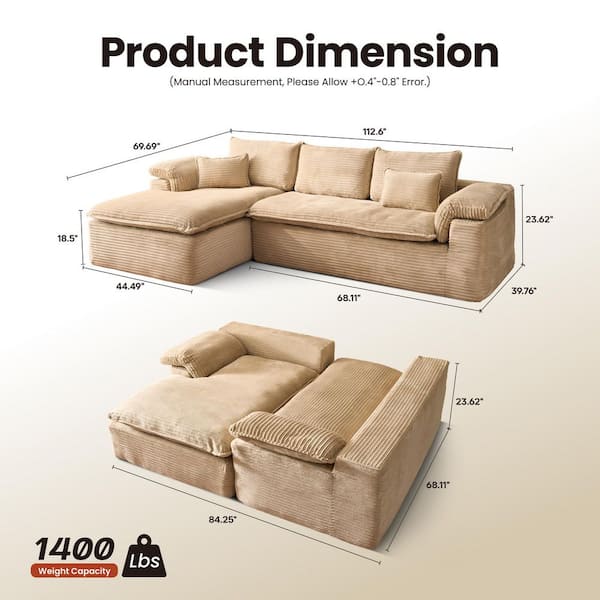 Allwex TOTO 112 in. Wide Arm 2-Piece Modern Plush Corduroy L-Shape
