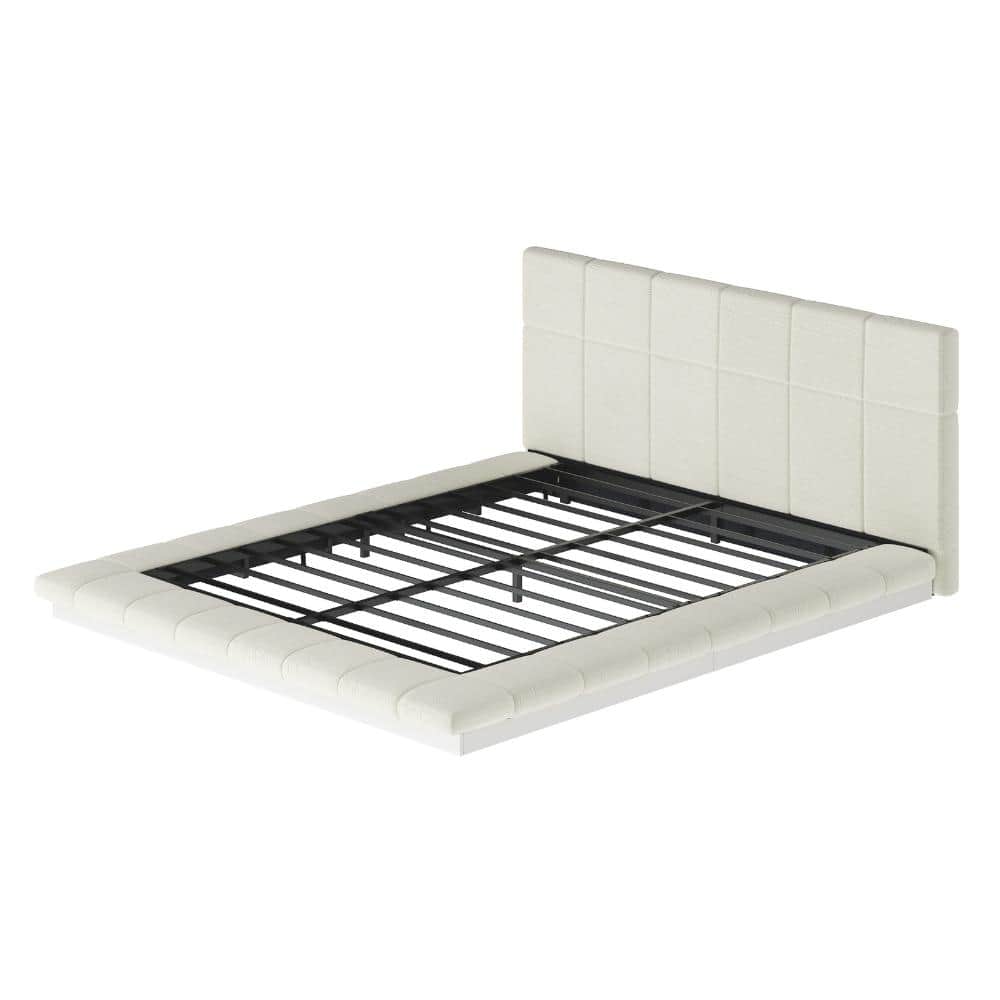 Off-White Upholstered Queen Size Platform Bed with Square Tufted Headboard, Padded Surround, Metal Slat Support, No Box