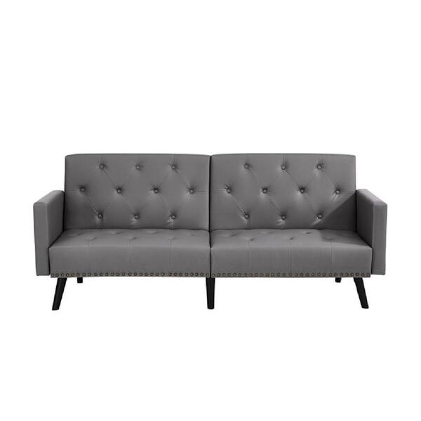 HOMESTOCK Gray, Faux Leather Tufted Split Back Futon Sofa Bed, Folding ...