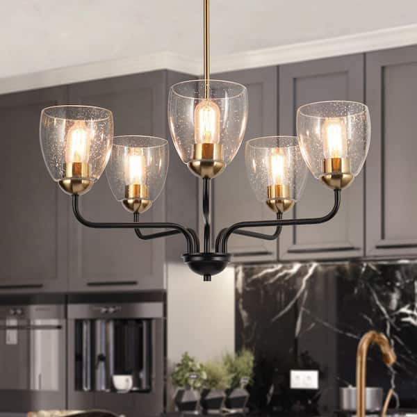24.5 in. 5-Light Modern Black and Brass Pendant Light, Rustic Dining Room Chandelier, Seeded Glass Round Chandelier