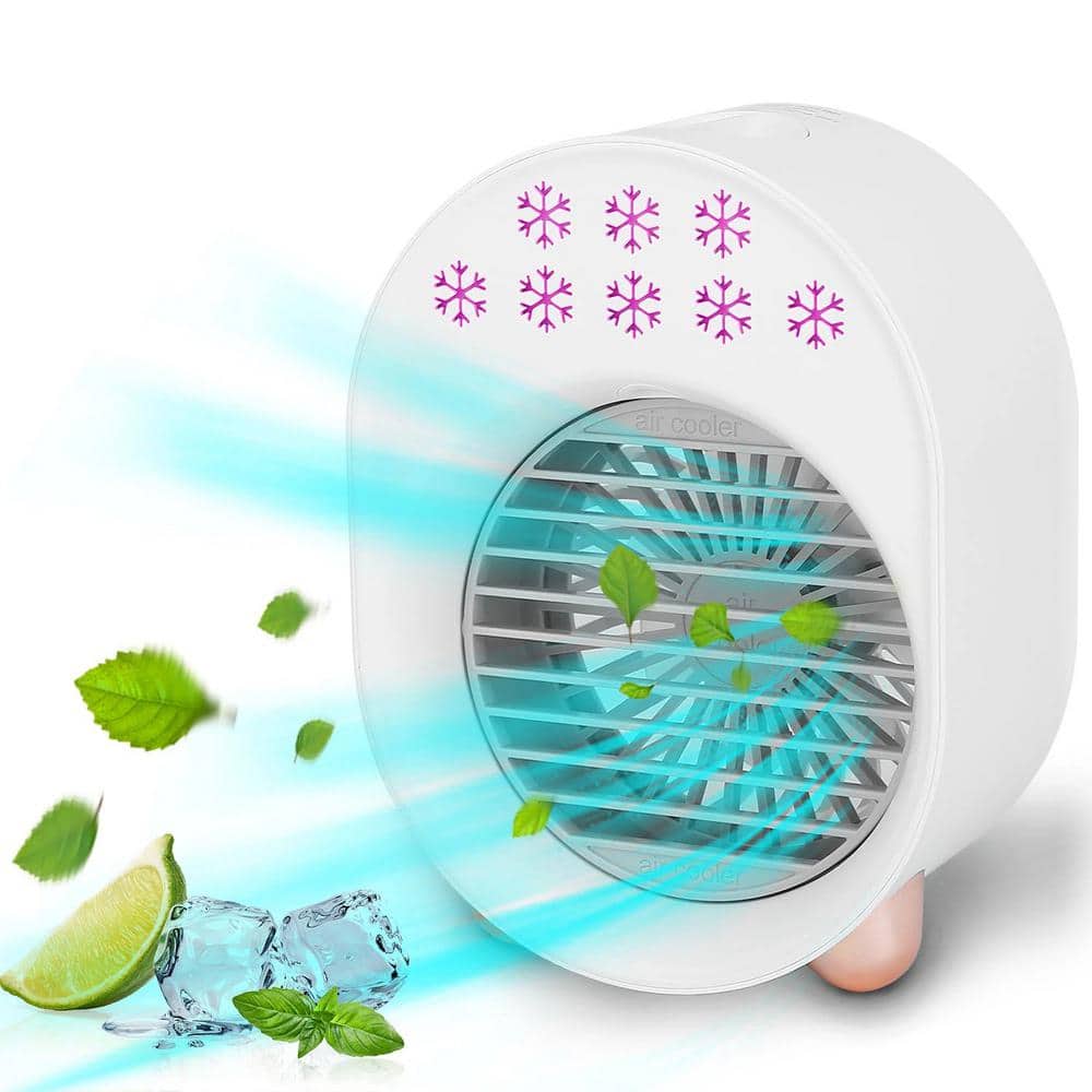 Adrinfly 4-in-1 Portable USB Personal Mini Air Conditioner 5 in. 3 fan speeds Personal Misting Fan in White with Colorful Lights