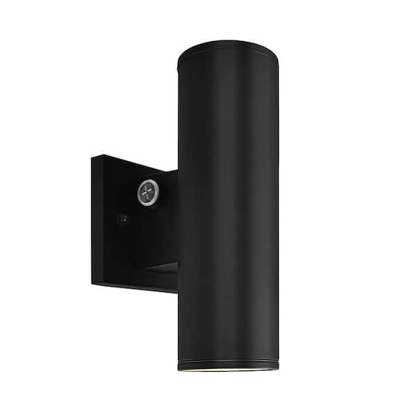 LUXRITE 10 in. Black Dusk to Dawn Outdoor LED Cylinder Wall Sconce Light 3CCT 3000K-5000K 12-Watt/15-Watt/18-Watt ETL IP65